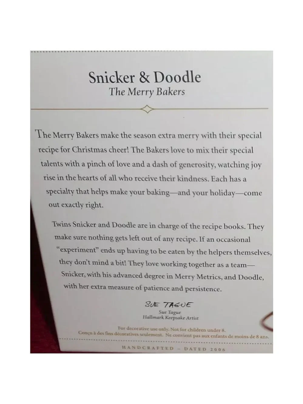 2006 Hallmark Keepsake Ornament Snicker & Doodle The Merry Bakers *No Box*